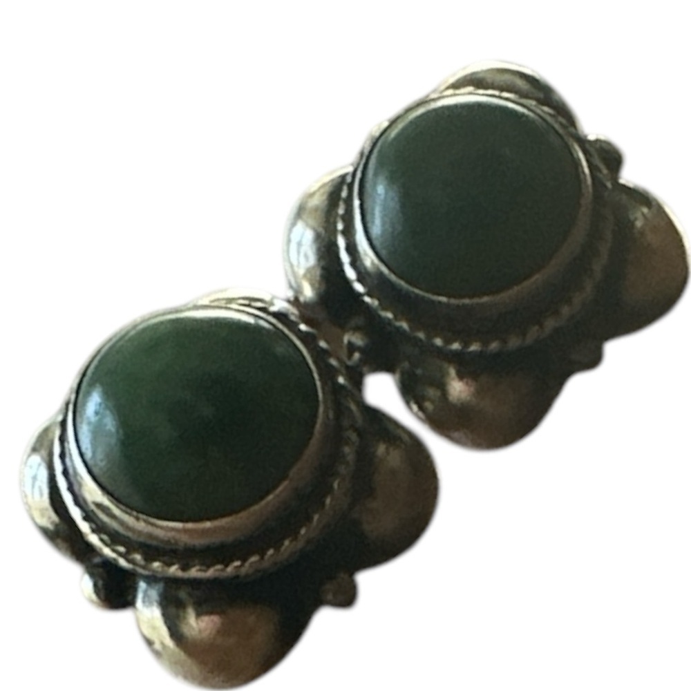 1940's Vintage Mexican Silver Earrings and Bracelet with Jade Cabochons